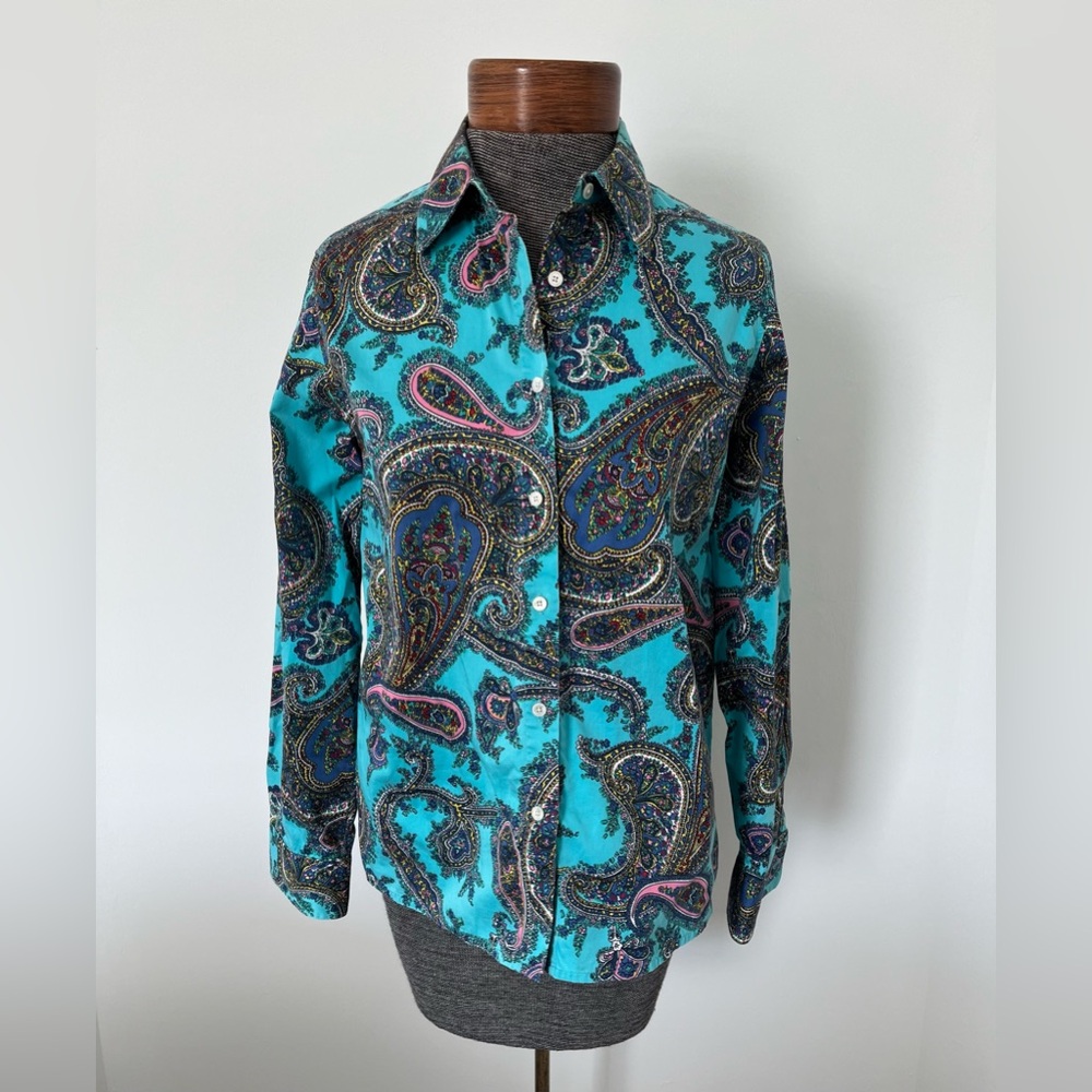 💙 Talbots Turquoise Paisley Button-Up Shirt – S Petite – NWOT 💙